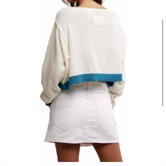 Free People Into the Blue Wool Blend Crop Sweater in Tropical Blue Combo Medium - Picture 3 of 12